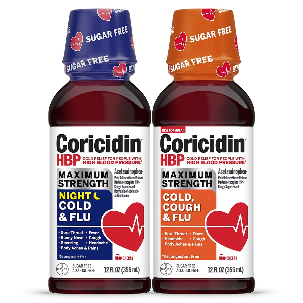 Coricidin HBP Maximum Strength Cold & Flu Day & Night Sugar-Free Liquid Twinpack, Decongestant-Free Cold Medicine für Erwachsene mit hohem Blutdruck -12 Fl Oz (Pack von 2)
