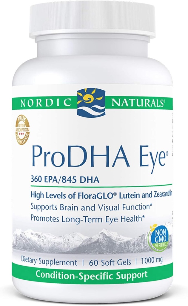 Nordic Naturals ProDHA Eye - Fish Oil, 360 mg EPA, 845 mg DHA, 20 mg FloraGLO Lutein, 4 mg Zeaxanthin, soutien à la fonction neurologique et à la santé oculaire à long terme*, 60 gels souples