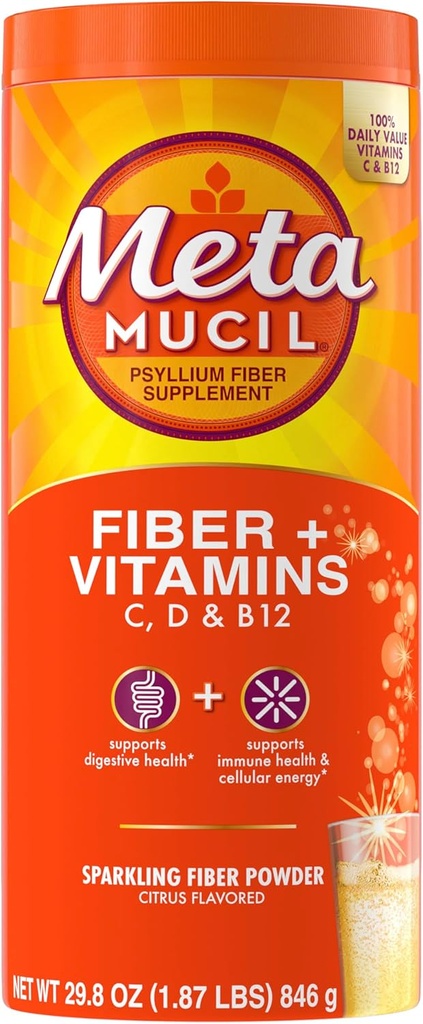 Metamucil Sparkling Fiber Supplement + Vitamine, Pflanzenbasiertes Psyllium Husk Pulver mit Vitaminen C, D & B12, tägliche Faserergänzung für Verdauungs-Gesundheit, Citrus Flavored, Sugar-Free, 90 Servierungen