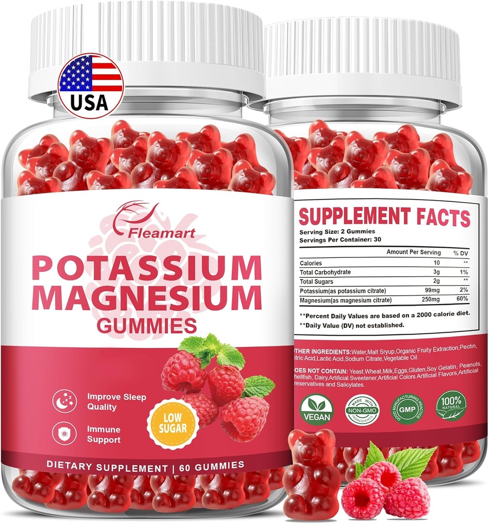 Kalium Magnesium Gummi Kalium Citrat 99mg Magnesium Citrat 250mg Magnesium Kalium Complex Supplement, Immununterstützung, 60 Raspberry Gummis 2 Pack