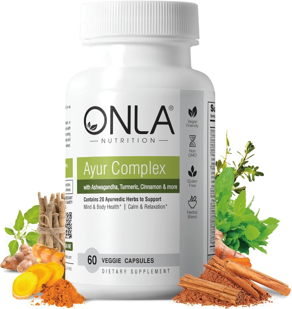 ONLA Vegan Ayurveda Kräuter-Ergänzungen (20-in-1 Kräuterkapseln) - Kurkuma-Ergänzungen mit Ashwagandha, Cinnamon, Triphala, Brahmi - Natürliche Inhaltsstoffe, Kräuter-Energie-Ergänzungen (60 Cap)