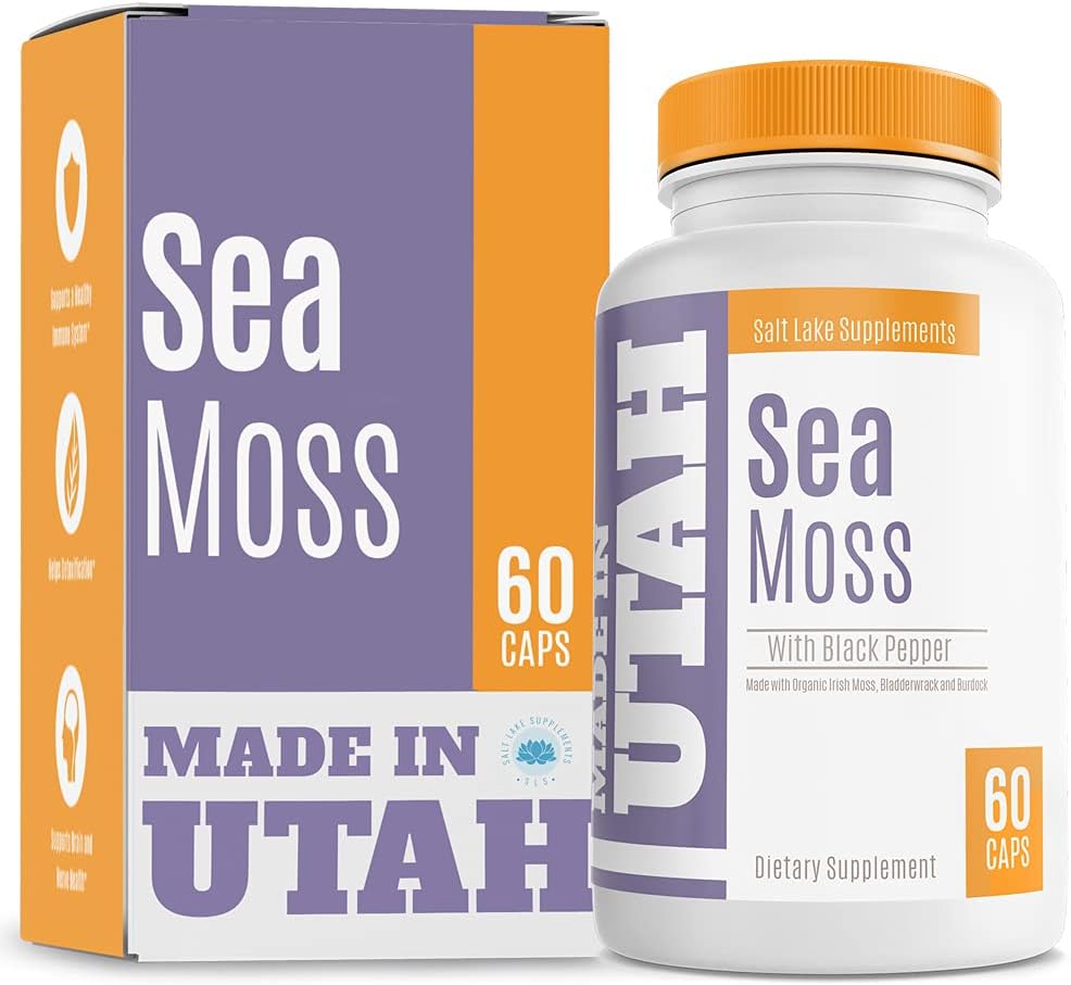 Sea Moss Made with Organic Irish Moss, Bladderwrack and Burdock - Bioperine Aggiunto per Best Bioavailability and Absorption, Immune Support & Helps Detoxify - 60 Capsule Pullulan