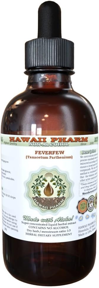 Extrait liquide sans alcool de féverfew, fève biologique (Tanacetum parthenium) Herbe séchée Glycérite Hawaii Pharm supplément naturel à base de plantes 4 oz