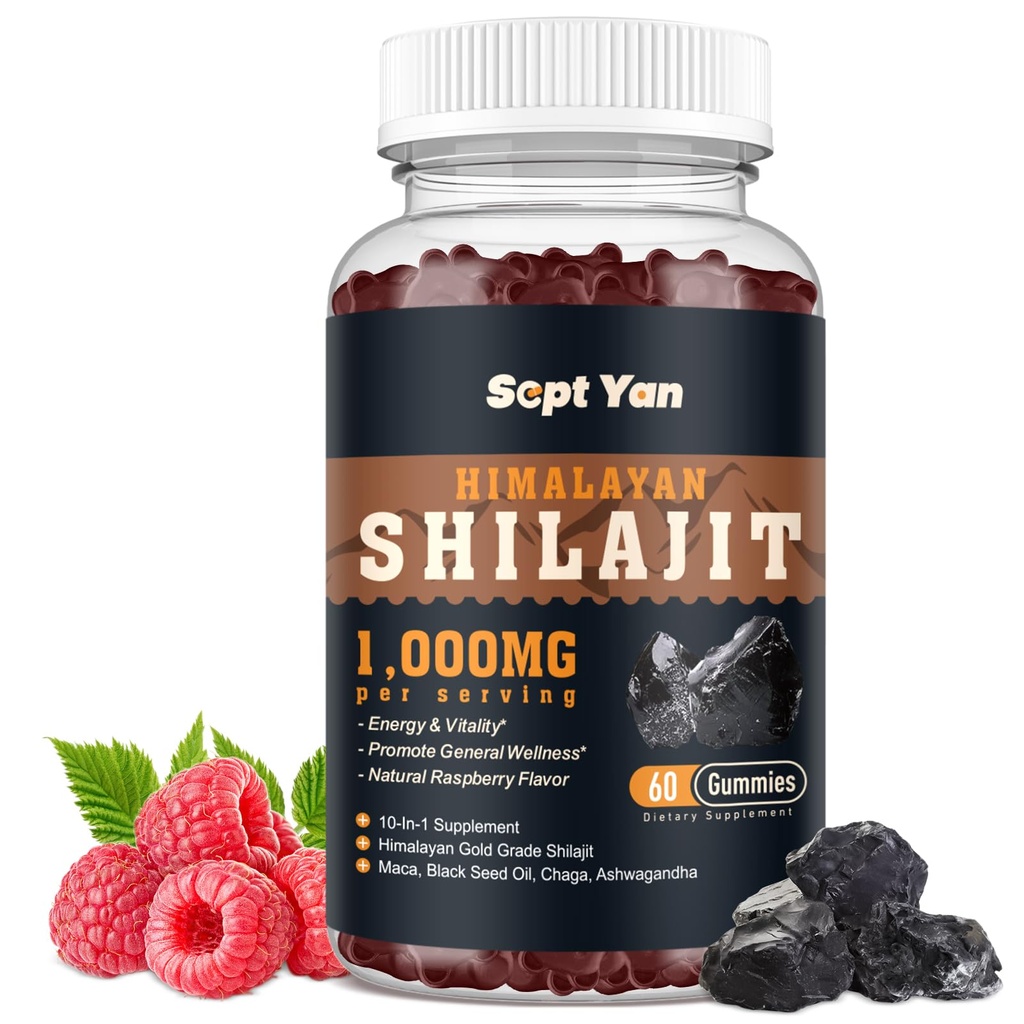 Shilajit Gummies 1000mg - Shilajit Pure Himalayan Organic pour les hommes et les femmes 85+ Trace Minerals Shilajit résine avec Ashwagandha, Maca, Huile de graines noires - Énergie, Cerveau, Immunité, Sans sucre Framboise 60ct
