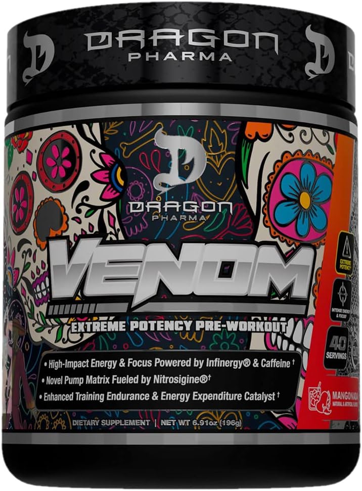 DRAGON PHARMA Venom Extreme Potency Pre-Workout, Laser Sharp Focus + Energy, Intense Performance, Ingrédients éprouvés pour la vasodilation et l'endurance améliorées (40 portions, Mangonada)