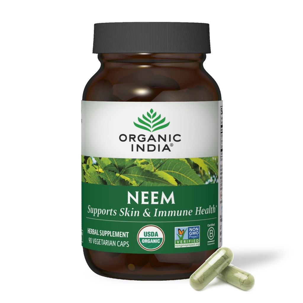 ORGANIC INDIA Neem Leaf Capsules - Kräuterergänzung, unterstützt Haut- und Immungesundheit, Vegan, Glutenfrei, USDA Certified Organic - 90 Count