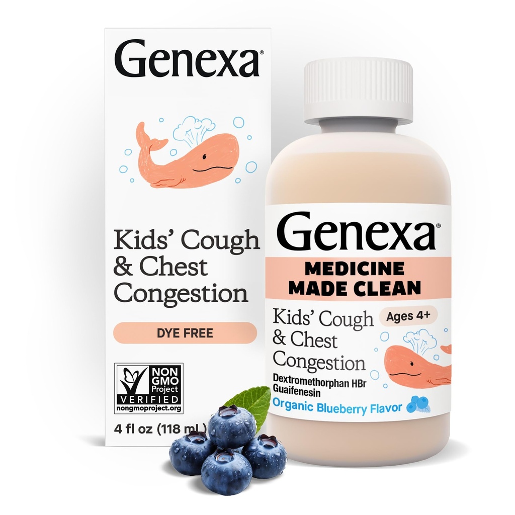Genexa Kids’ Clean Cough & Chest Congestion Medicine, Dye Free, 0% Künstliche Additive, Multi-Symptom Cough Syrup für Kinder 4-11, Cough Suppressant & Expectorant, Organic Blueberry Flavor, 4 fl oz