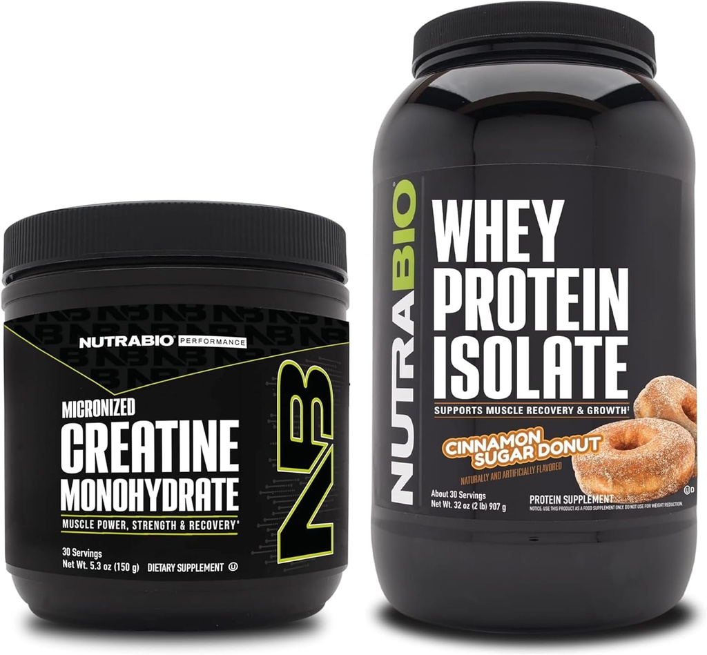 NutraBio Creatine Monohydrat, Unflavored, 150g und Whey Protein Isolate, Cinnamon Sugar Donut, Supplement Bundle - Muskelenergie, Lean Muskelwachstum, Erholung und Stärke