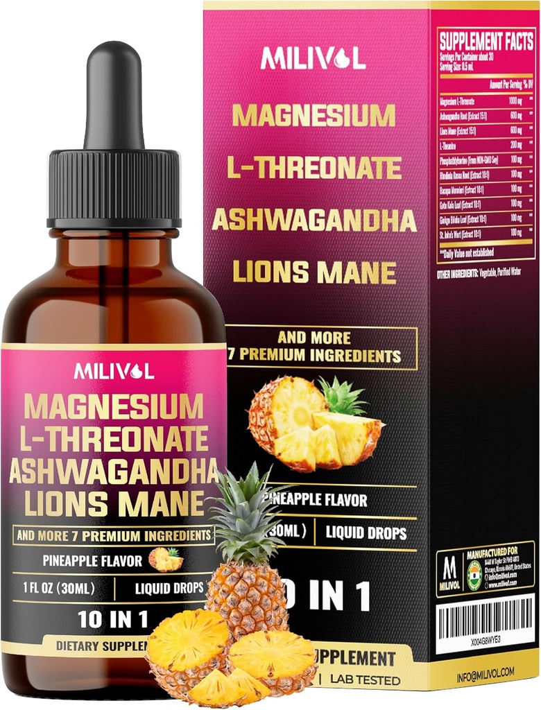 10in1 Magnesium L-Threonate Flüssigkeitstropfen mit Ashwagadha, Lions Mane & 7 Weitere Kräuter - 1 Fl Oz - Ananas Flavor