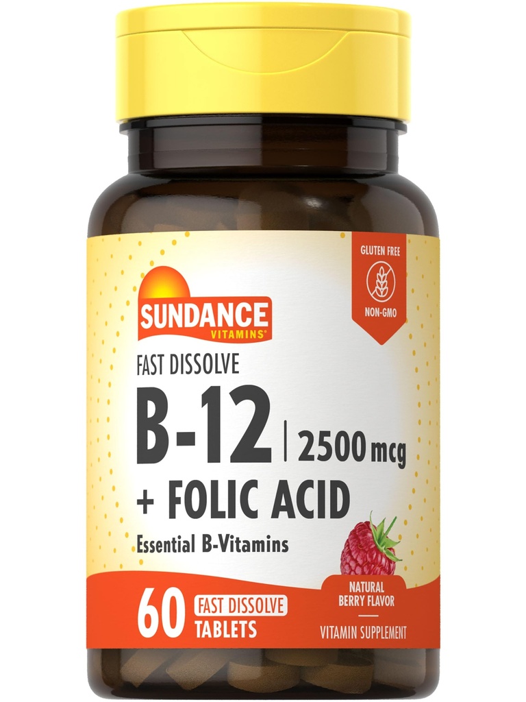 Sundance Fast Dissolve Vitamin B-12 | mit Folsäure | 2500mcg | 60 Count | Natürliche Berry Geschmack | Vegetarisch, Non-GMO und Glutenfreie Ergänzung