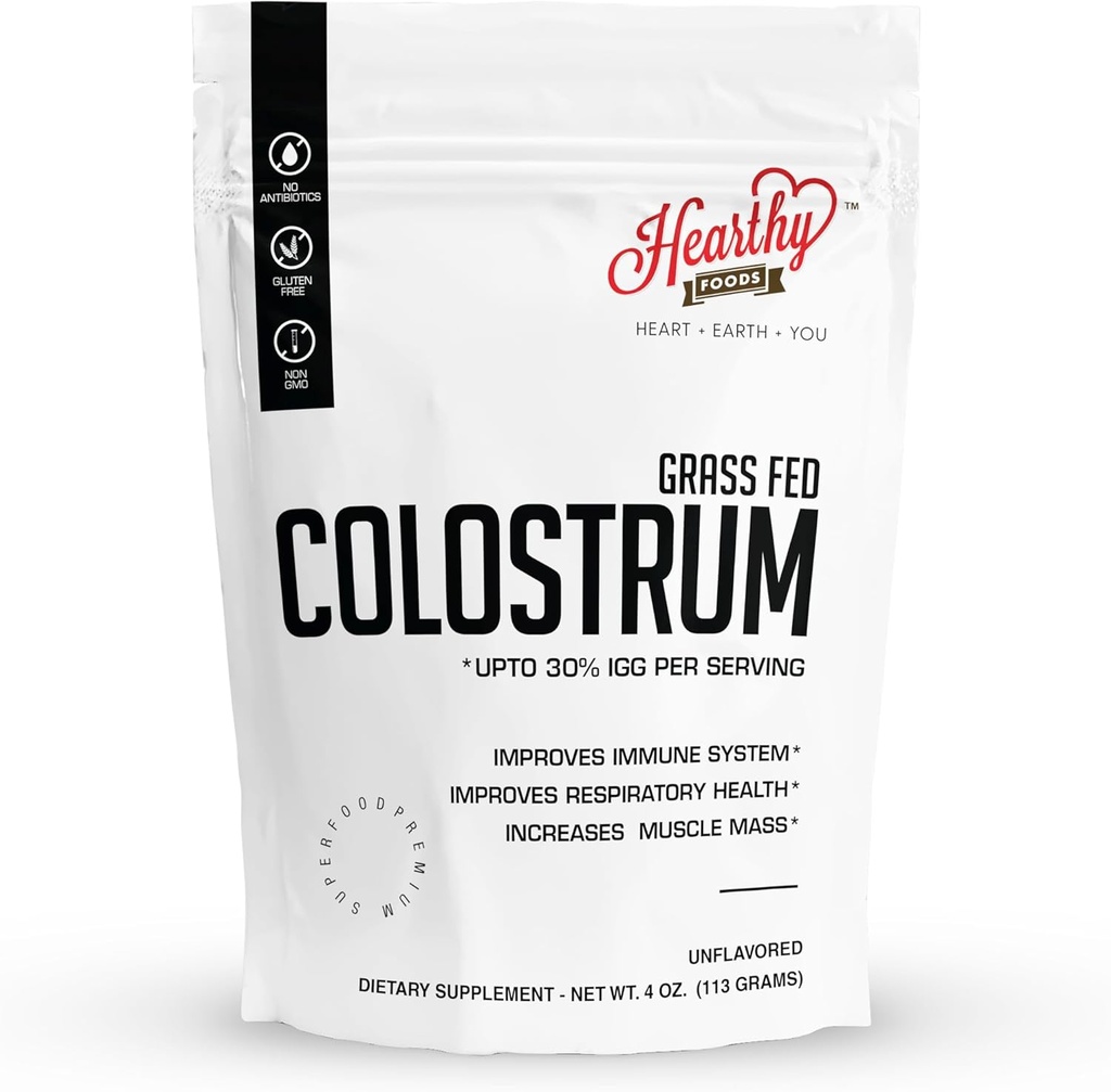 HEARTHY FOODS Pure Bovine Colostrum Powder 4oz 113g - Bis zu 30% IGG, 22 Portionen (5g per seving), Leaky Gut Repair Supplements, Gut Health and Immune Support | Grass-Fed Halal Non GMO, Gluten Free