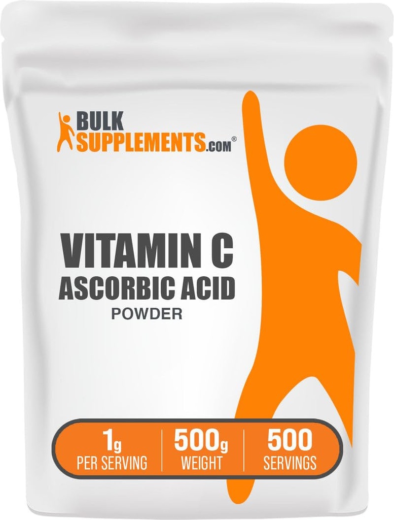 BulkSupplements.com Poudre d'acide ascorbique - Supplément de vitamine C, pour le soutien immunitaire - Acide ascorbique Classe alimentaire, sans gluten, 1g par portion, 500g (1,1 lb) (paquet de 1)