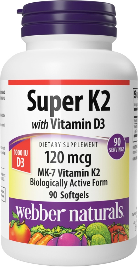 Webber Naturals Super Vitamine K2 MK-7 120 mcg avec vitamine D3, 90 Softgels, soutient les os, les dents et le système cardiovasculaire