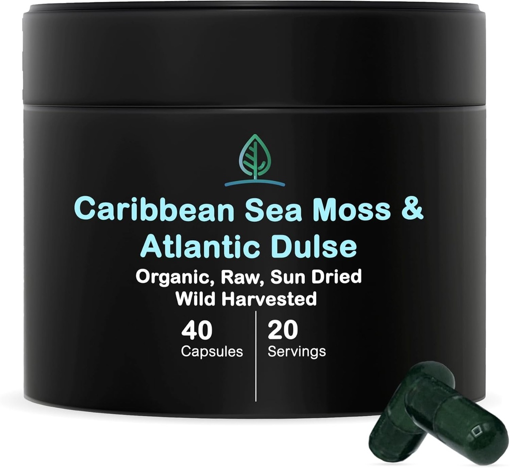 Vassoio olistico Organico Sea Moss Capsule 100% Pure Caribbean Sea Moss + Dulse Seaweed | Wild Harvested | No Fillers | Rich in Antiossidanti, Minerali e Iodio (40 capsule)