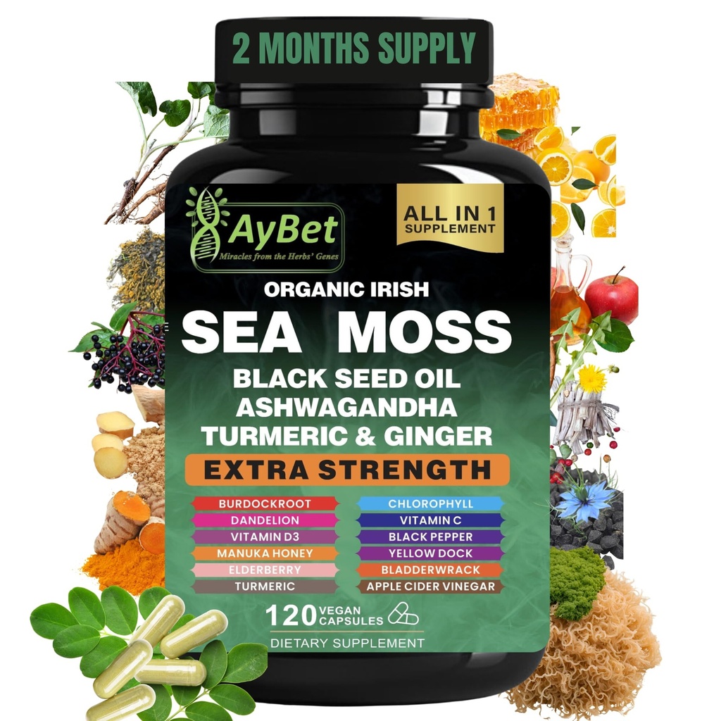 Organic Irish Sea Moss, Black Seed Oil, Ashwagandha, Turmeric,Ginger Capsule, Bladderwrack, Burdock, VIT C&VIT D3, Elderberry, Manuka Honey, Dandelion, Yellow Dock, Aceto di sidro di mela, Halal, Vegan