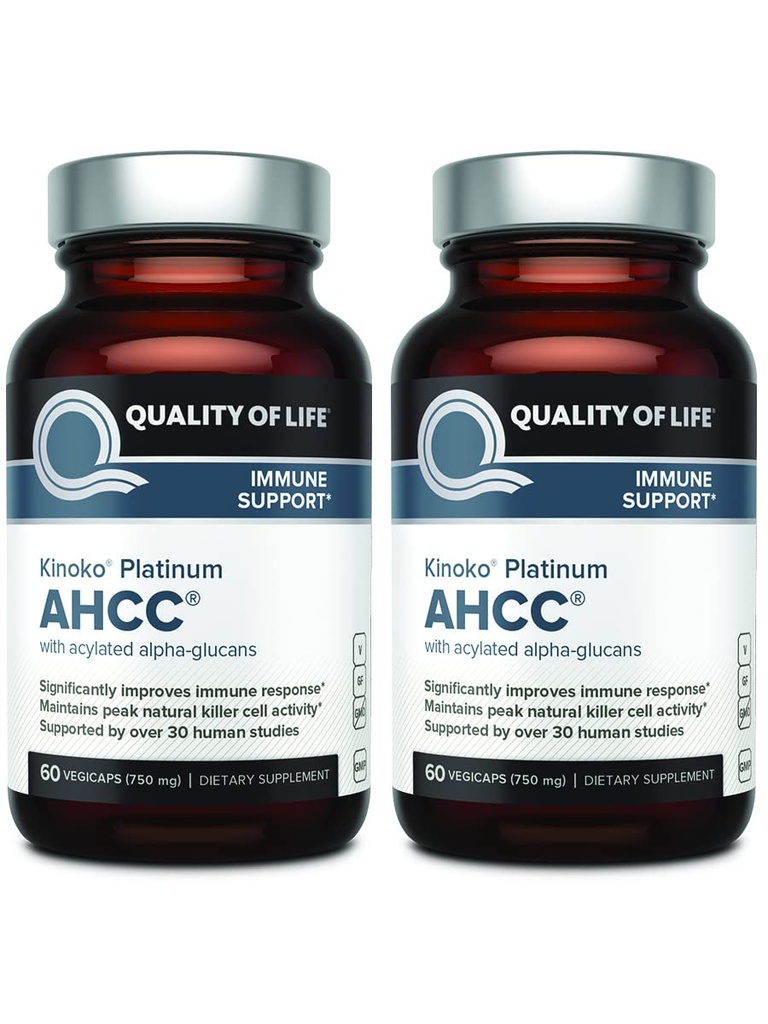 Qualità della vita AHCC Kinoko Platinum 750 mg – Supplemento di supporto Immune Premium - Confezione da 2, 60 Conte Bottiglie