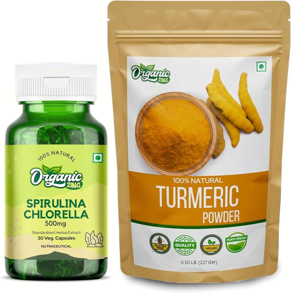 ORGANIC ZING Spirulina Chlorella- 30Cap & Turmeric Powder- 227g