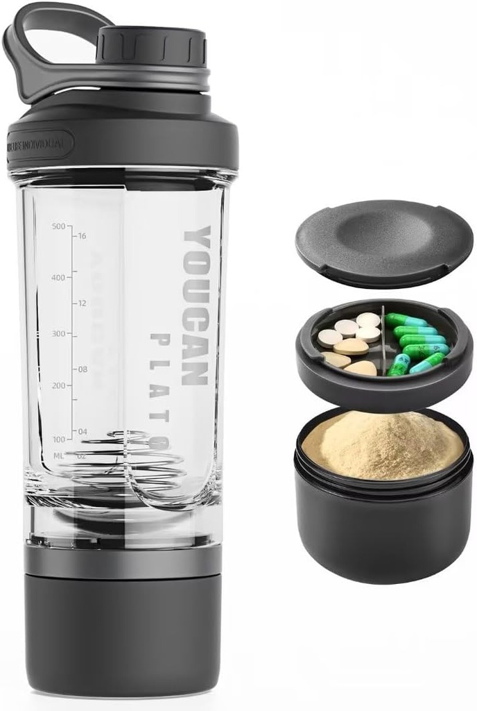 21oz Protein Shaker Bottiglia con Contenitore di immagazzinamento della polvere Tazze per flacone da allenamento Protein Shakes-pre-Mixer Cup-Gym Sport Water Bottiglia -Made con Tritan BPA Free, con palline di Whisk (nero)