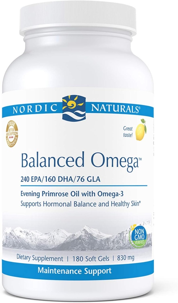 Nordic Naturals Pro Balanced Omega - Fish Oil and Evening Primrose Oil, 240 mg EPA, 160 mg DHA, 76 mg GLA, unterstützt Hormonal Balance und gesunde Haut*, 180 Soft Gels
