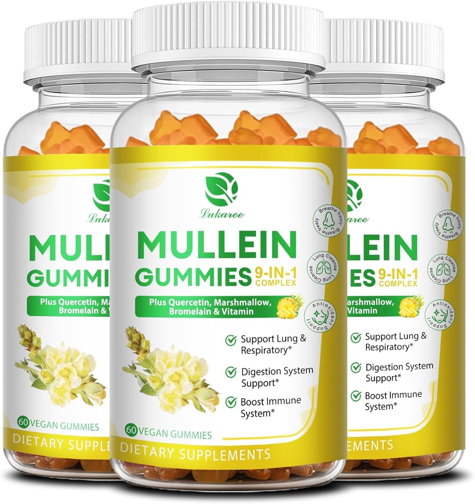 (3 Pack) 9 in 1 Mullein Gummies für Lung Cleanse & Detox, Extra Strength Mullein Leaf Extract w/Quercetin, Bromelain, Elderberry & Marshmallow for Respiratory, Immune & Digestive, Vegan,180 Count