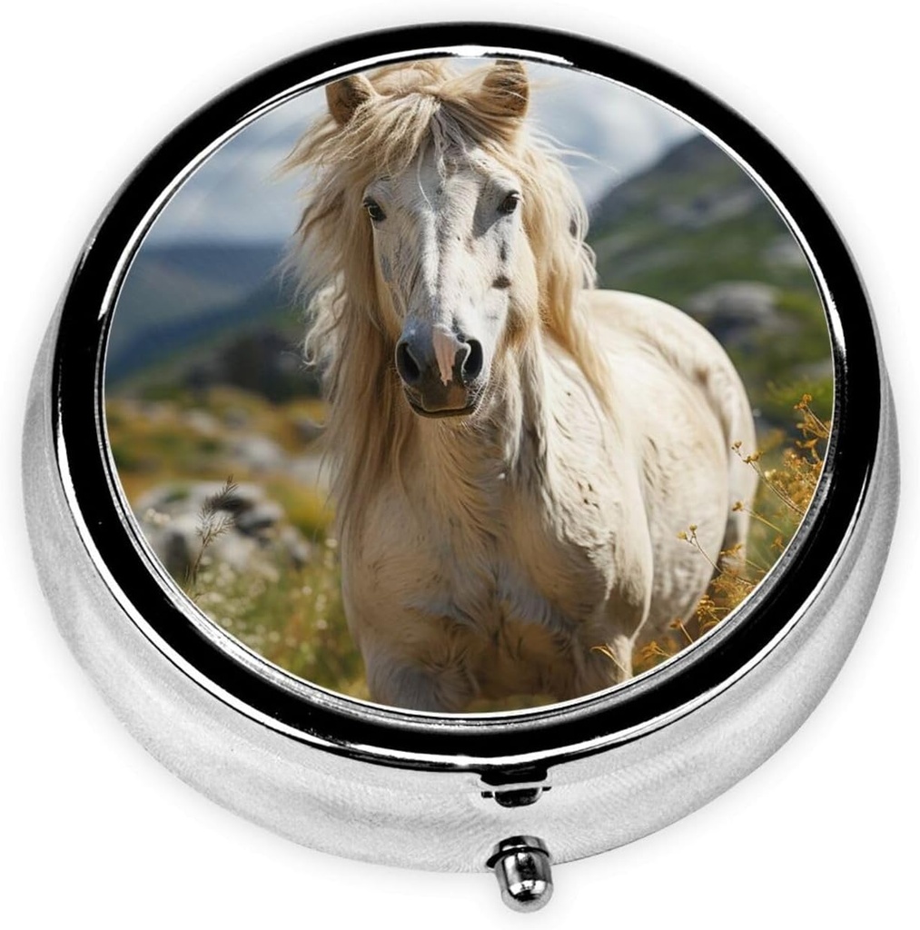 Round Pill Box Horse on Green Grass Cute Small Pill Case 3 Compartment Pillbox for Purse Pocket Portable Pill Container Holder to Hold Vitamins Medication Fish Oil and Supplements