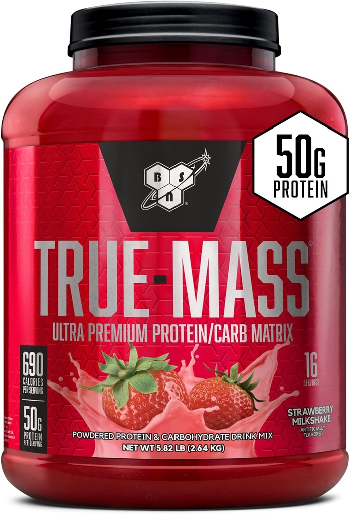 BSN TRUE-MASS Weight Gainer, Muskelmasse Gainer Protein Powder, Erdbeermilchshake, 5.82 Pfund