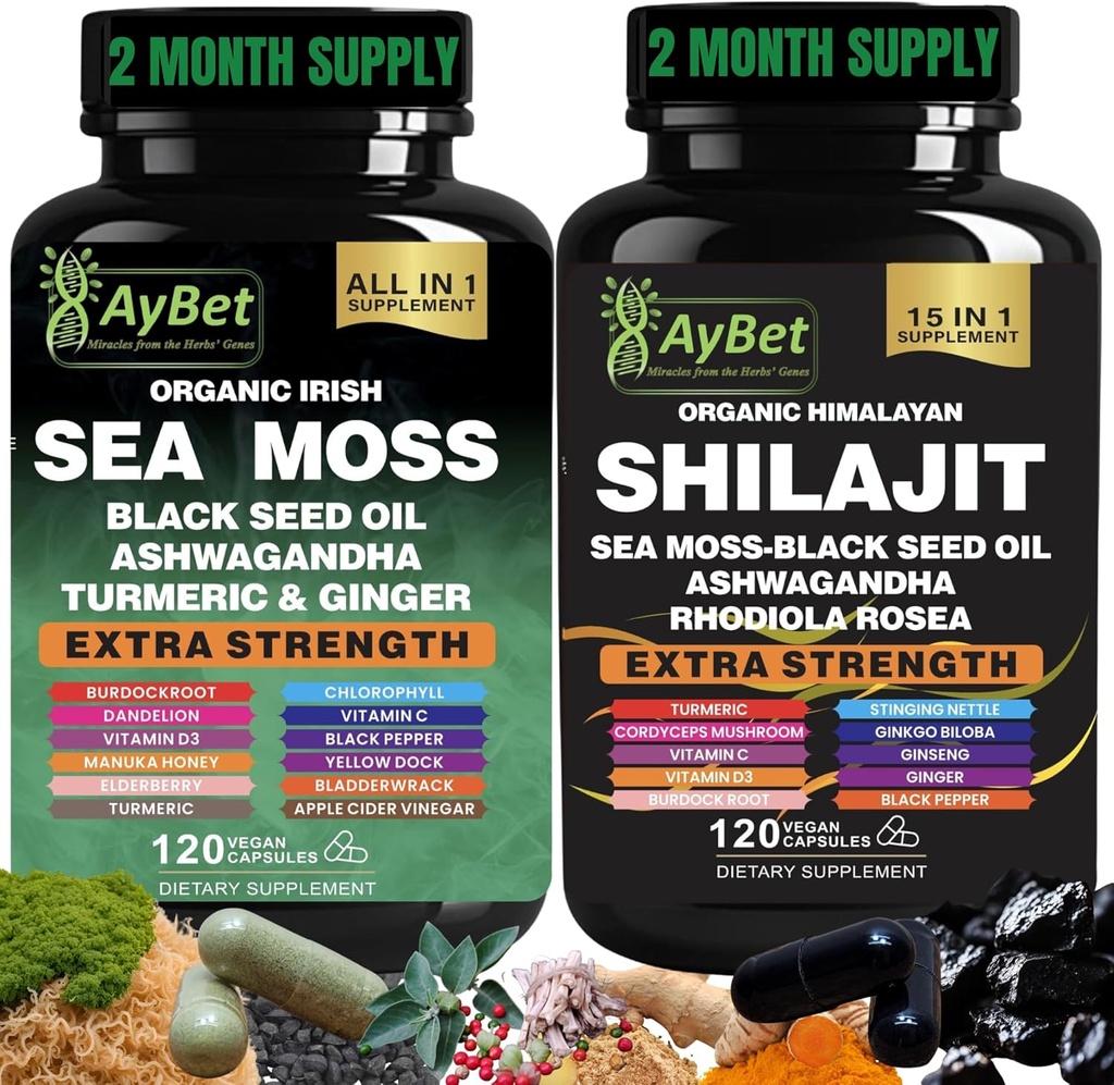 Sea Moss Shilajit Combo Bundle Capsule, Olio di semi neri, Ashwagandha, Rhodiola Rosea, Burdock, Turco, Ginger, VitC, VitD3, Tutto in un supplemento, 240 capsule, Halal, Vegan, USDA Organic