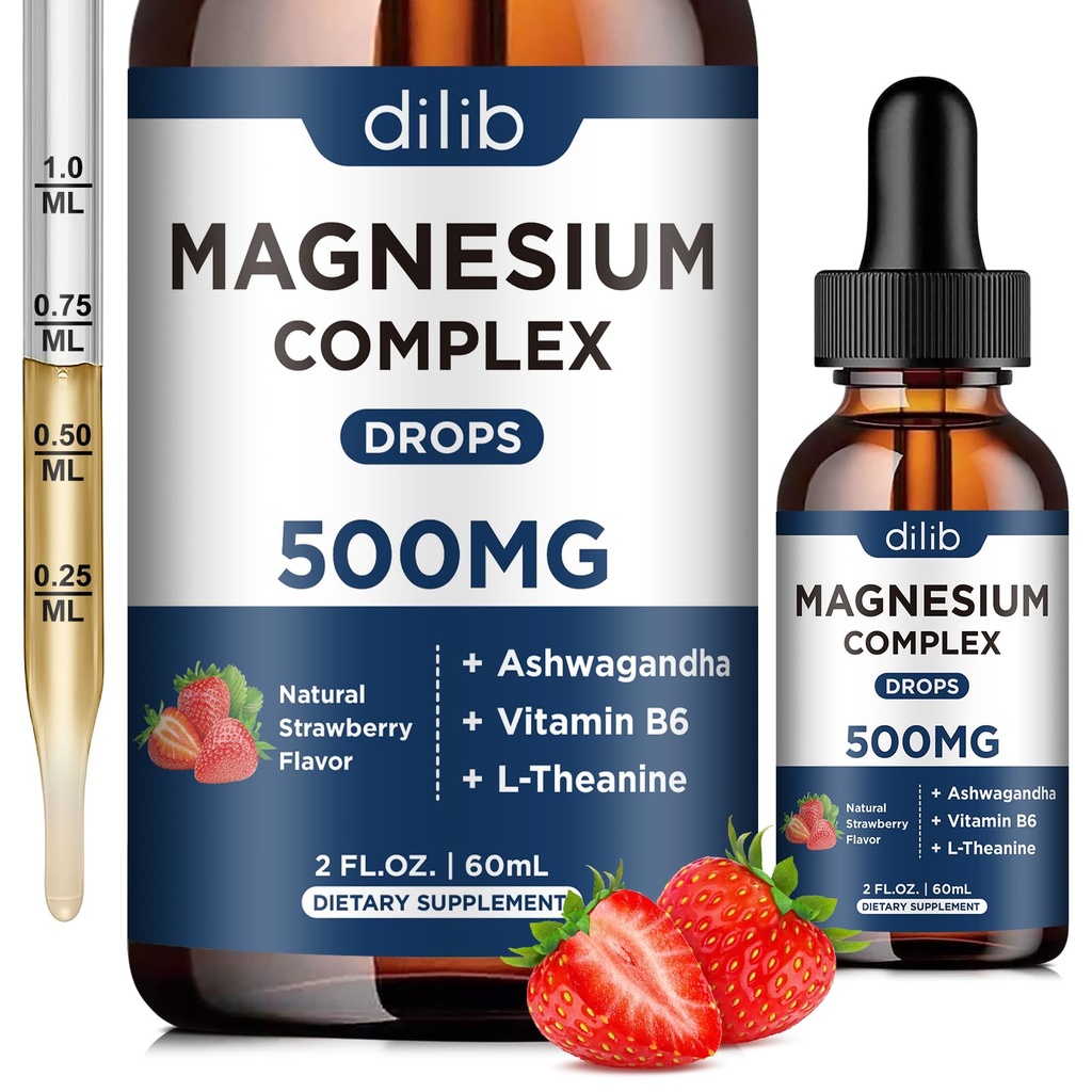 Triple Magnesium Complex Supplement-Magnesium Glycinat, Citrat, Malate Flüssigkeit Tropfen 500mg mit Ashwagandha, L-Theanin, Vitamin B6 für Stress Relief, Schlaf, Muskelunterstützung-Strawberry Flavor