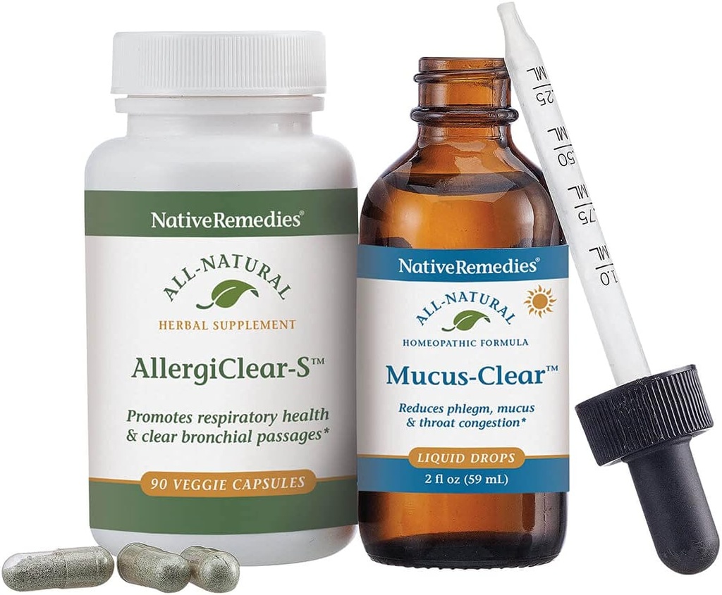 Native Heilmittel Clear Sinus & Throat ComboPack - Natürliche homöopathische Mucus-Clear für Phlegm und Congestion und Kräuterergänzung AllergiClear-S für respiratorische Gesundheit und Funktion