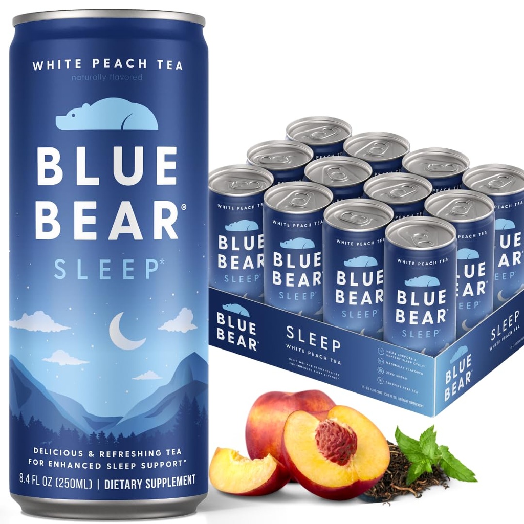 Blue Bear Melatonin Sleep Drink, Sleep Tea for Bedtime Support, White Peach Tea with Melatonin (5mg), Lavender, Ashwagandha, Kamille, GABA, L-Theanin, Kaffeinfrei, Zero Sugar, 8.4 Fl Oz 12-Pack