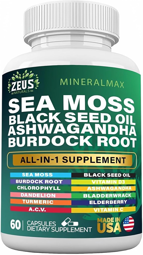 Sea Moss 3000mg Schwarz Seed Oil 2000mg Burdock Root 1000mg Bladderwrack 1000mg Turmeric 1000mg Ashwagandha 1000mg - Elderberry, VIT C, VIT D3, Manuka, ACV (60 Count)