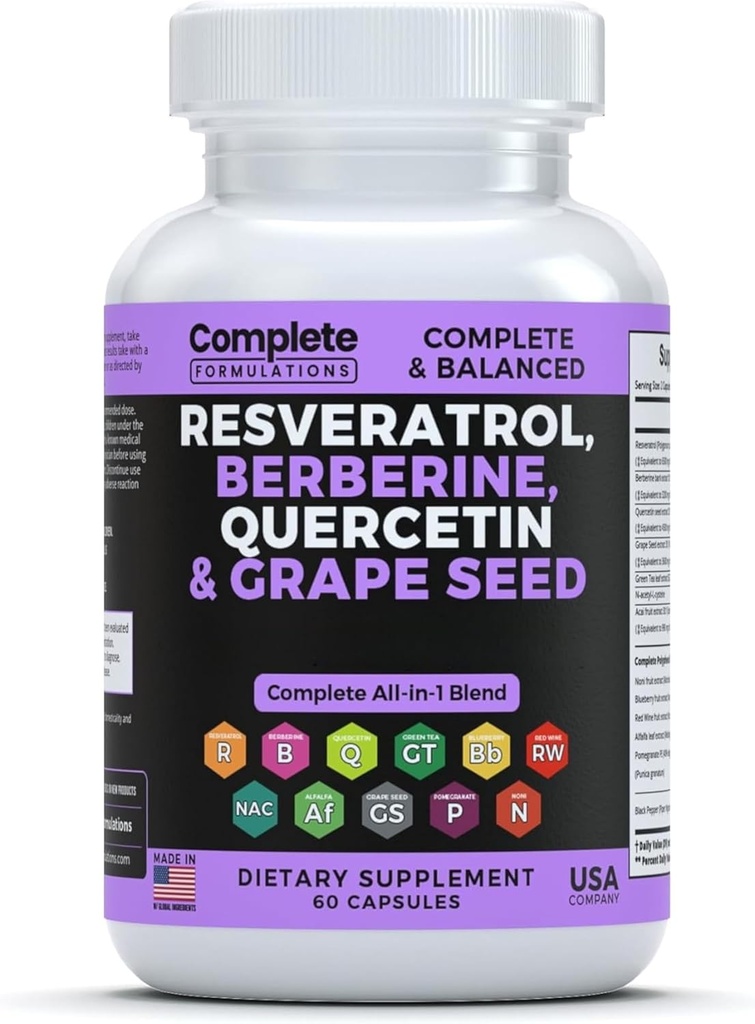Resveratrol-Ergänzung mit Quercetin, Berberin, Getreide-Säge-Extrakt & Polyphenol-Mischung für Hautgesundheit, Immununterstützung & Antioxidantien-Boost