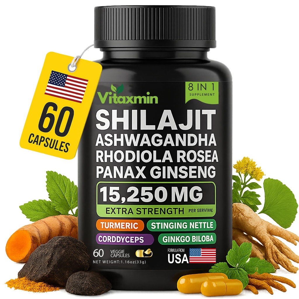 Capsules Shilajit et Ashwagandha, multivitamine 8-en-1 à base de plantes pour hommes et femmes, avec Rhodiola Rosea, Ginseng et Sting Nettle, Shilajit pour hommes et femmes