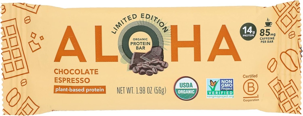 Aloha Organic Chocolate Espresso Protein Bars, 14g pflanzliches Protein, 85mg Koffein, USDA Certified Organic, Gluten Free & Non-GMO, 1.98 Oz (Pack von 12)