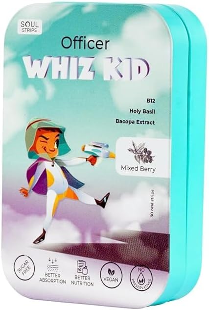 Soul Strips Officier Whiz Kid - Bacopa & Saint Basilic pour la fonction cérébrale améliorée Vitamine B12, Mélange d'arôme de baie, Zéro sucre, Vegan, 30 bandes Pack