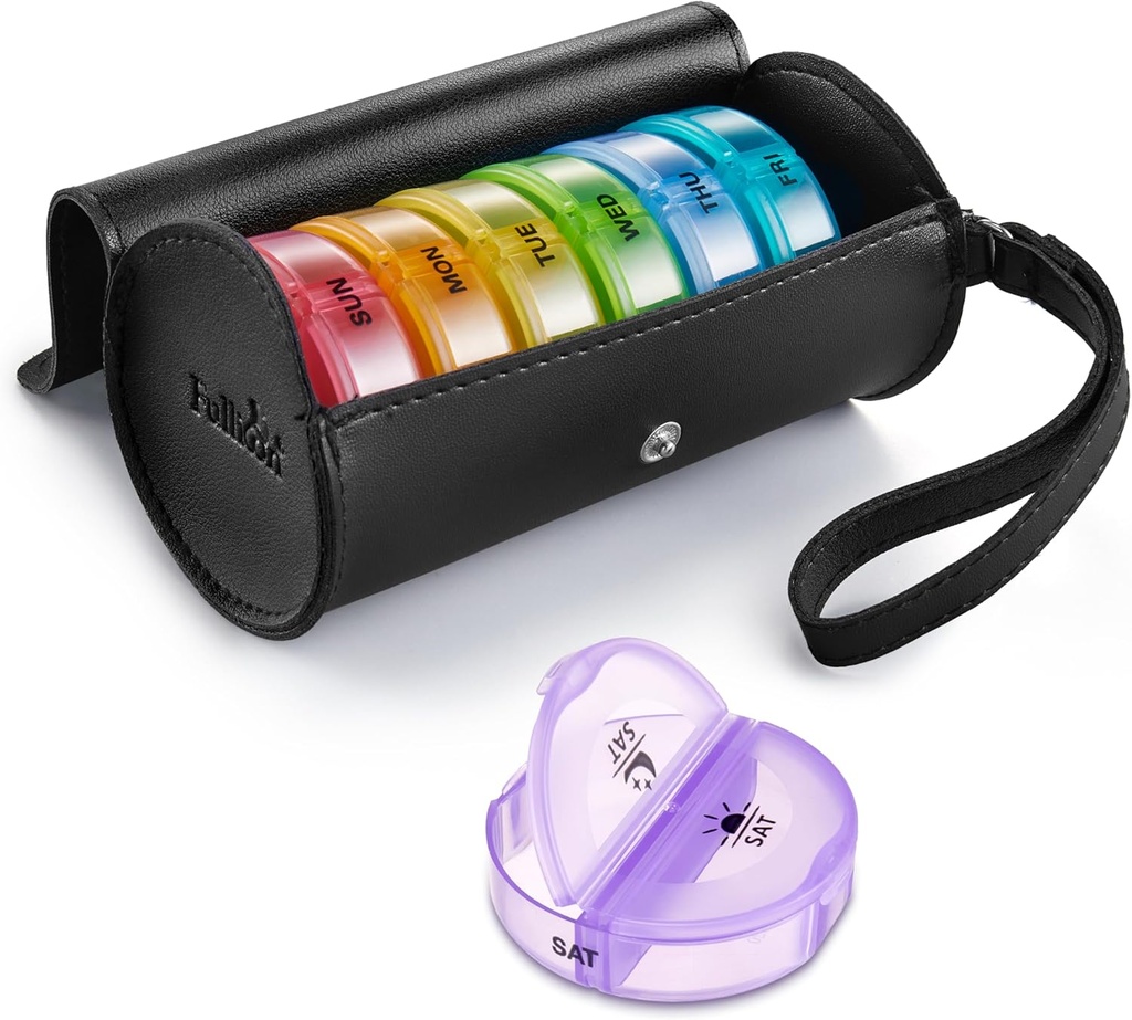Fullicon PU Case Weekly Pill Box Organiser 2 volte al giorno, Travel 7 Day Pill Boxs, Portable Tablet Organiser con grandi scomparti per la medicina, il farmaco, la vitamina, i supplementi (nero / rainbow)