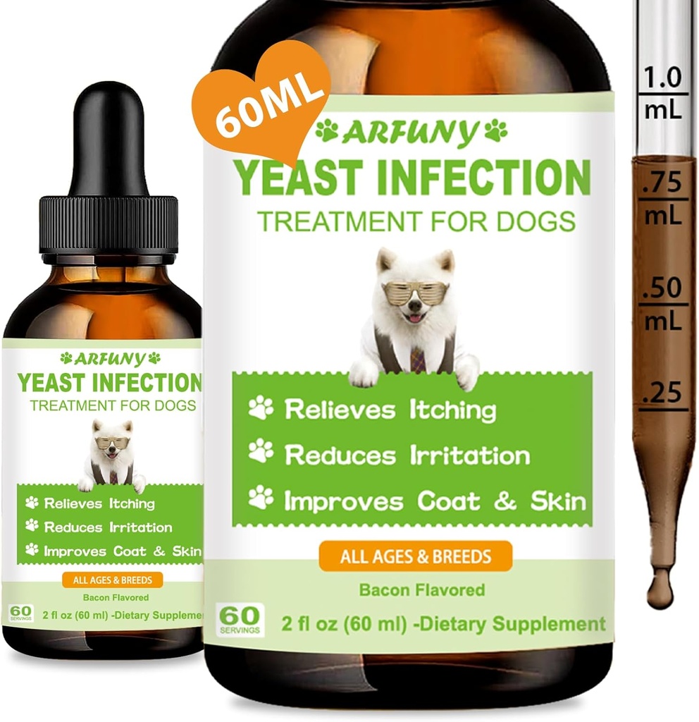 Natürliche Hefe Infektion Behandlung für Hunde | 60ML Unterstützt gesunde Itch Relief | Hund Hefe Ohr Infektion Behandlung | Hundeentzündung Relief, Allergie Relief & Haut Itch Relief | 2 fl oz, Bacon Flavor