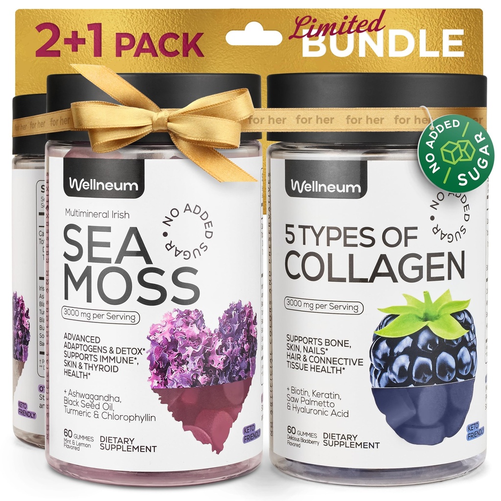 Collage e muschio marino Gummies Bundle - Peptidi di collagene, Moss del mare irlandese, Biotina, Keratina, Bladderwrack - Integratore manichino per immunità, Detox, Capelli sani, Pelle e Unghie - per uomini e donne