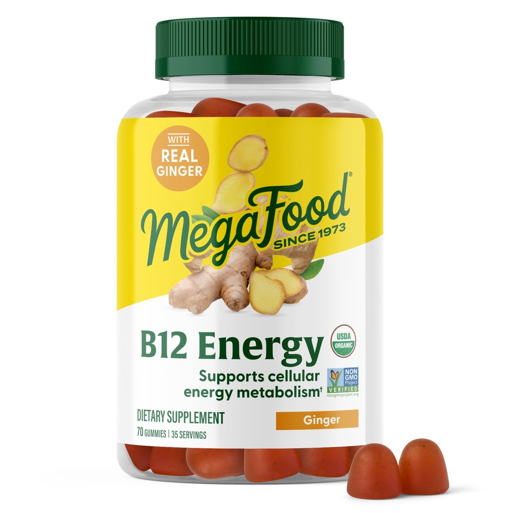 MegaFood Vitamin B12 Energy Gummis - Vegan - Mit Methyl B12 Vitamine zur Unterstützung Cellular Energy Production - Ginger - Daily Vitamin B12 Supplement - USDA Organic - 70 Gummis, 35 Portionen