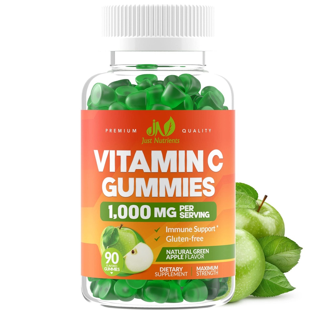 Vitamina C Gummies 1000mg per Adulti & Bambini - Supporto Immune Massima Forza Masticabile, Supporto Collage - Sapore di Mela Verde Sour - Gluten Free, Non OGM, Vegetariano - 90 Gummies (30 Serve)