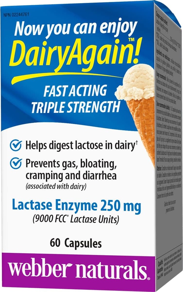 Webber Naturals Dairy Again 250mg Lactase Enzym Triple Strength, 60 Kapseln