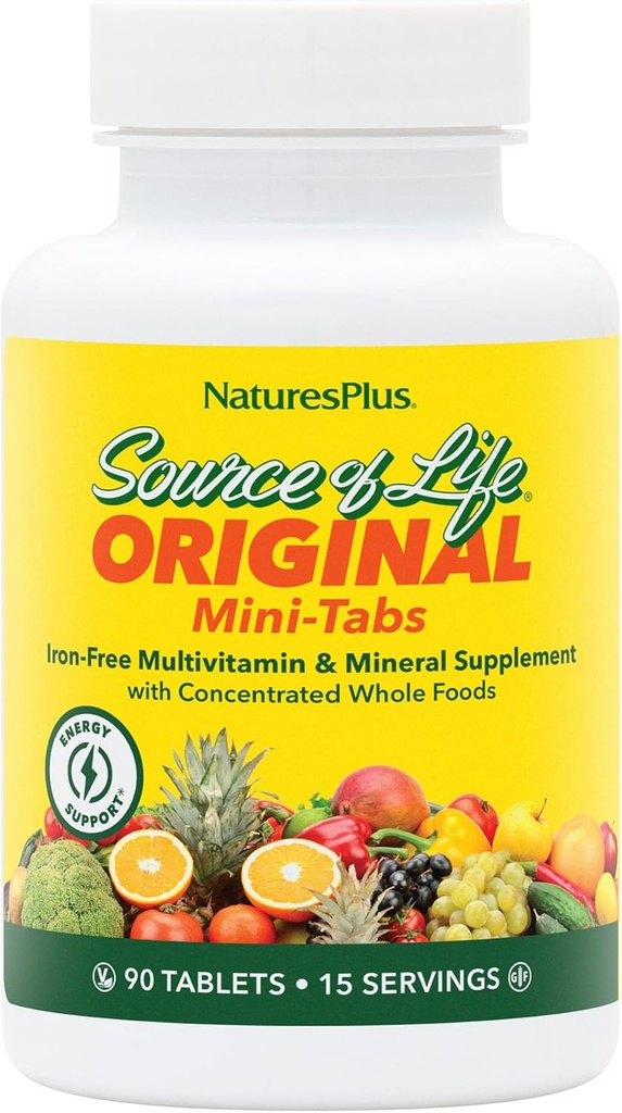 Natures Plus Quelle des Lebens Mini-Tabs No Iron - 90 Vegetarische Mini-Tablets - einfach zu schlucken natürliche Ganze Lebensmittel Multivitamin & Mineral Supplement für Gesundheit & Energie - 15 Servierungen