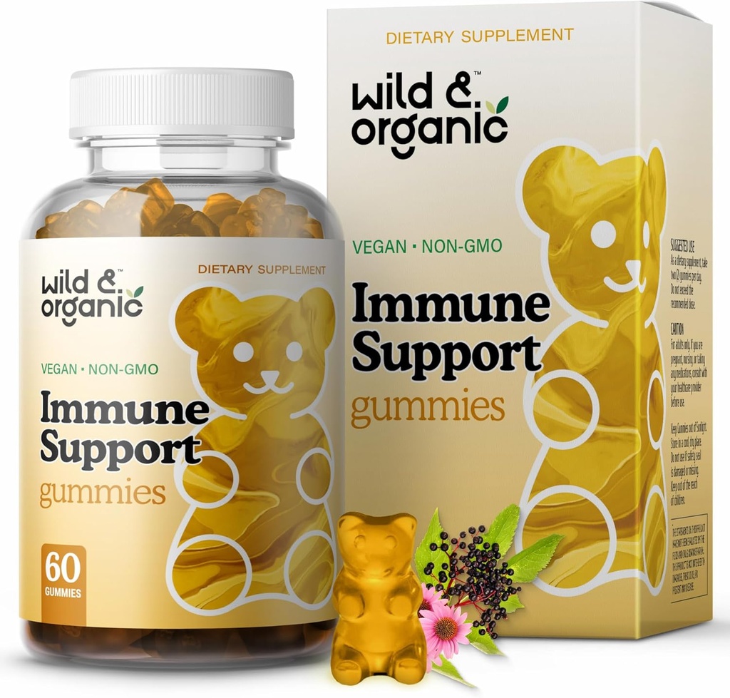 Gummie di supporto immunitario selvatico e organico - Elderberry 1000mg & Vitamin C 500mg - Integratore di supporto immunitario naturale - Gummie di immunità vegana con vitamina C D Zinc - 60 Conte