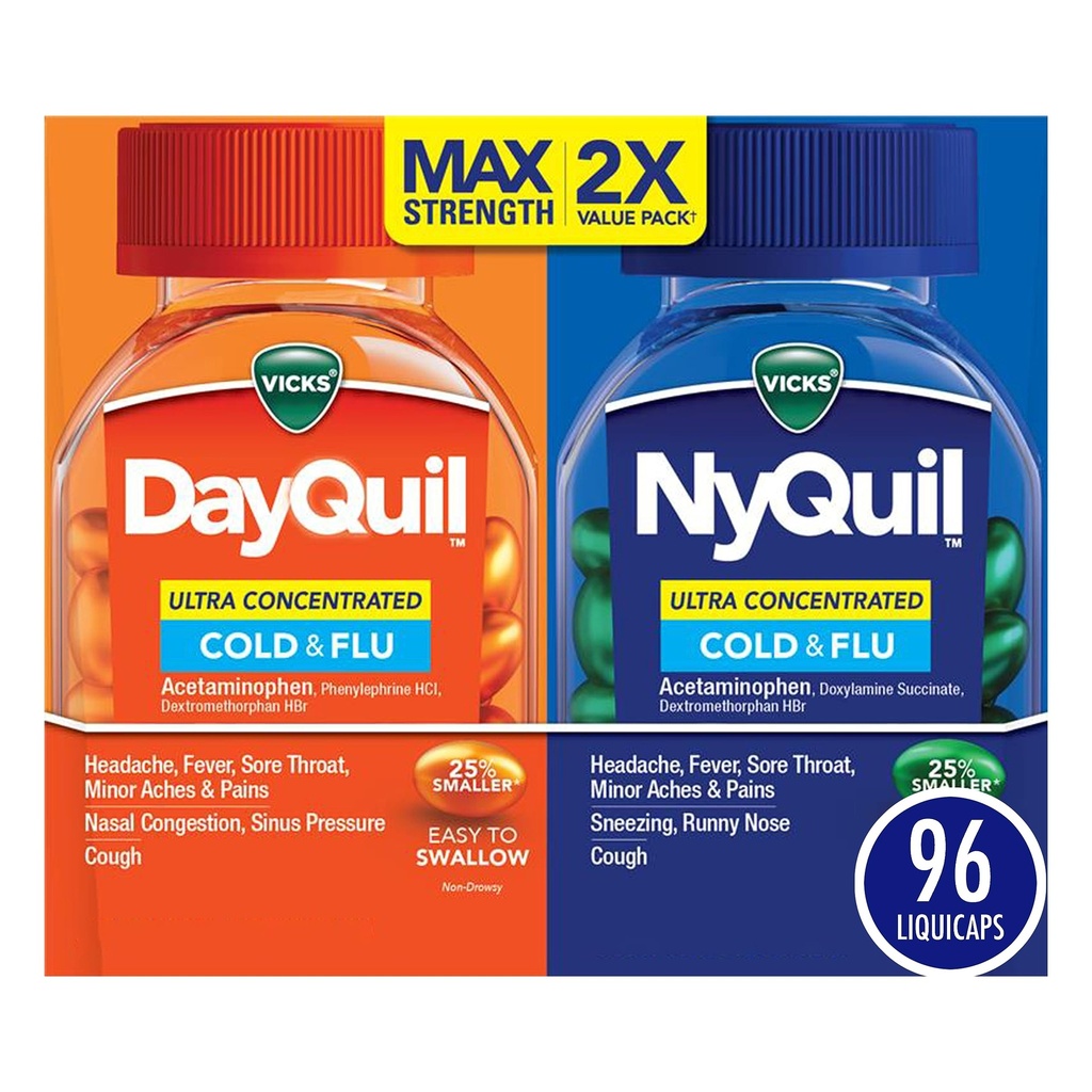 Vicks DayQuil & NyQuil Ultra Concentrated Liquicaps Co-Pack, Cold & Flu Medicine, Powerful Multi-Symptom Daytime & Nighttime Relief für Kopfschmerzen, Fever, Sore Throat, Minor Aches & Pains, & Cough, 96ct