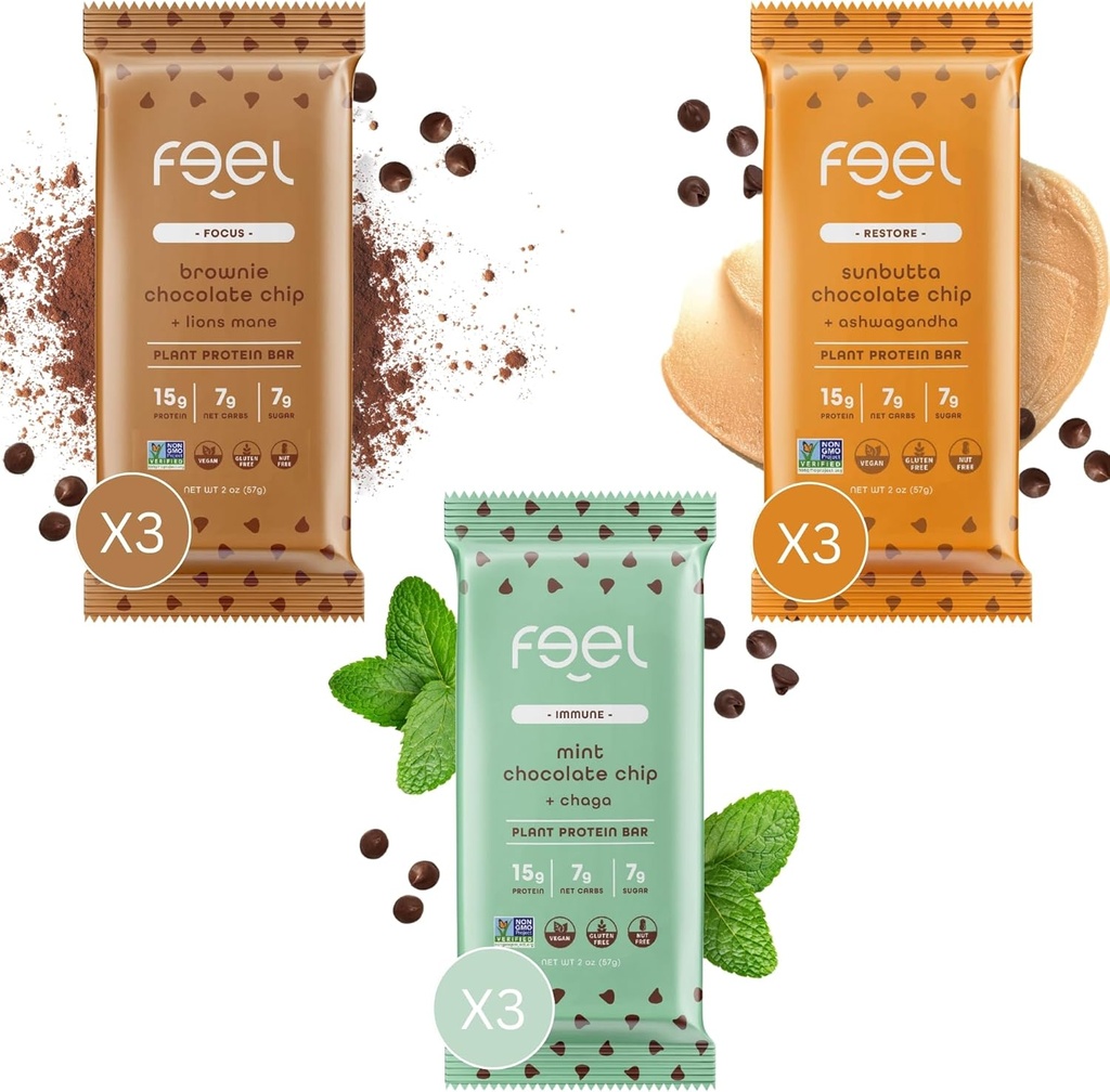 Spüren Sie Vegan Protein Bars | Schokolade Liebhaber | Keto | Gluten Free | Organic | Lions Mane | Chaga | Ashwagandha | 15g Protein | Low Sugar | Non GMO | Sunbutta + Brownie + Mint - 9 Pack