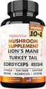 Supplément de champignons 10x Complexe - Lions Mane, Turquie Tail, Cordyceps, Reishi, Chaga, Maitake, Shiitake, Oyster Extract Mushrooms - Suppléments de soutien au cerveau nootrope pour la mémoire et le focus