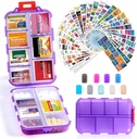 14 Grilles Travel Pill Organizer Box with 415-Pcs Medicine Name Labels, Pocket Daily Pharmacie Case Container, Travel Medicating Holder Dispenser Kit pour l'huile de poisson de supplément de vitamine stockage -Clear Purple