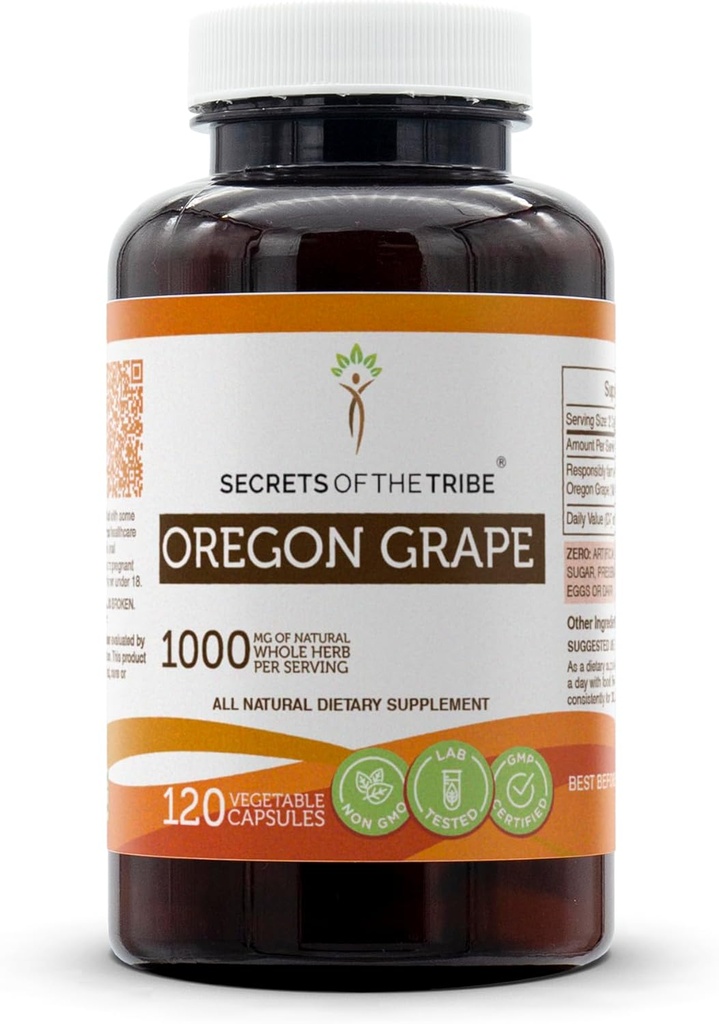 Secrets of the Tribe Oregon Grape 120 Capsules, 1000 mg, Responsibilmente allevati Oregon Grape (Mahonia aquifolium) Radice secca (120 capsule)