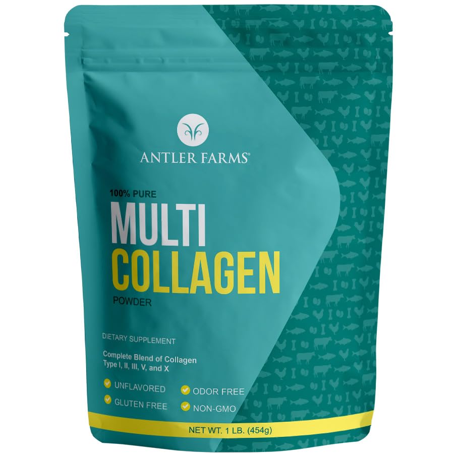 Geweihfarmen - Multi Collagen Protein Powder - 5 Arten (I, II, III, V und X) 100% reine hydrolysierte Collagen Peptide für Männer und Frauen - Bioverfügbar, schnelle Absorption - Unflavored - 1 lb