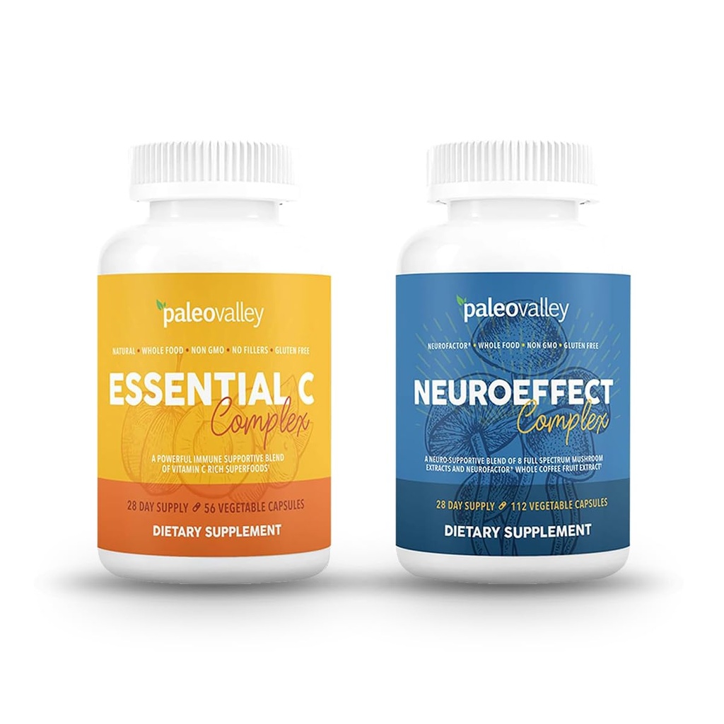 Paleovalley NeuroEffect + Essential C Complex Bundle - Neuro Pilz Kaffee Extrakt, Vitamin C Supplement 450g Fokus, Gedächtnis, Energie, Immununterstützung, Bio-Superfoods